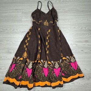 Belma New York Women Dress Brown Pink Embroidered Cotton Boho Sun Dress Medium
